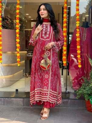 Elegant Hand Works Red Suit With Top Bottom And Dupatta