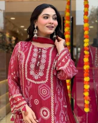 Elegant Hand Works Red Suit With Top Bottom And Dupatta