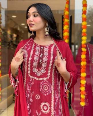 Elegant Hand Works Red Suit With Top Bottom And Dupatta