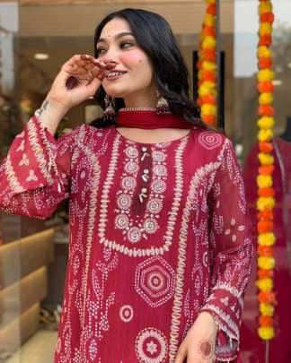 Elegant Hand Works Red Suit With Top Bottom And Dupatta