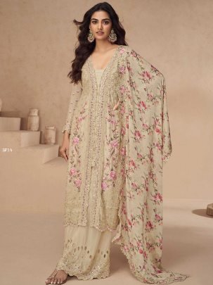 Elegant Heavy Chinon Silk Embroidered Suit With Mirror And Sequence Work