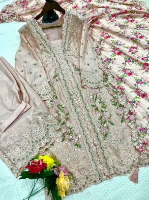Elegant Heavy Chinon Silk Embroidered Suit With Mirror And Sequence Work