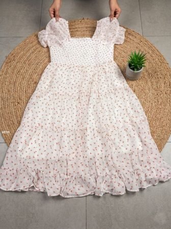 Elegant Ivory Floral Print Maxi Dress With Puff Sleeves