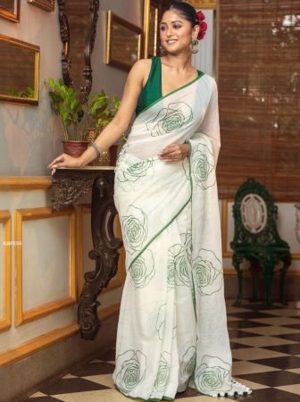 Elegant Ivory Rose Print Designer Saree With Green Blouse