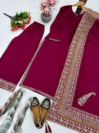 Elegant Maroon Palazzo Suit Set With Embroidered Dupatta