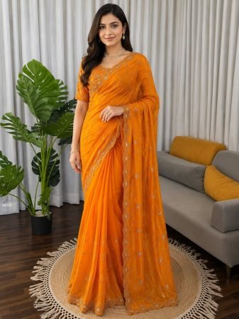 Elegant Orange Embroidered Saree for Women