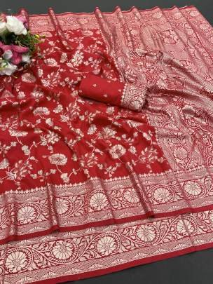 Elegant Party Wear Red Dola Silk Saree Collection
