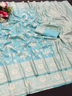 Elegant Party Wear Sky Blue Dola Silk Saree Collection