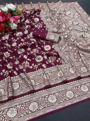Elegant Party Wear wine Dola Silk Saree Collection