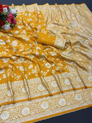 Elegant Party Wear yellow Dola Silk Saree Collection 