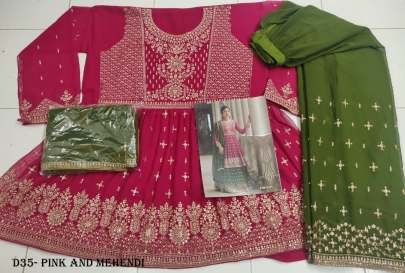 Elegant Pink and Mehendi Anarkali Suit with Intricate Embroidery