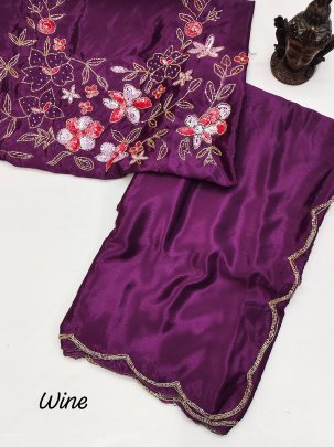 Elegant Pure Soft chinon silk saree with Heavy khatliwork unstitched Blouse