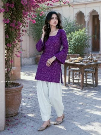 Elegant Purple Bandhani Print Straight Kurti With Comfortable Cotton Farsi Pant 