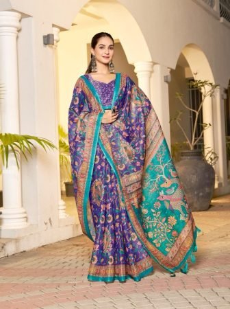 Elegant Purple Floral Print Handloom Saree