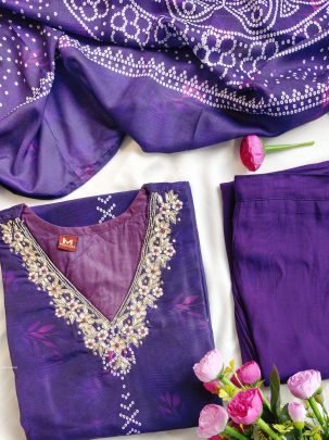 Elegant Purple Handwork Kurti Pant Set