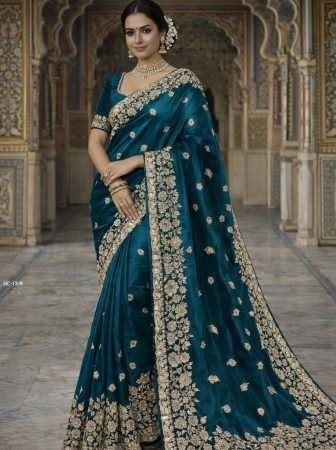 Elegant Rama Green Space Silk Heavy Work Saree 