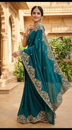 Elegant Rama Green Space Silk Heavy Work Saree