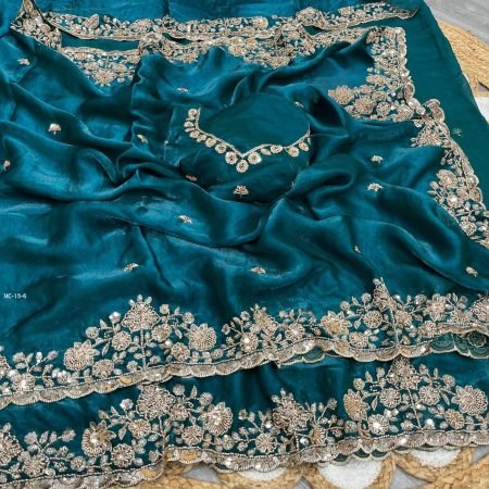 Elegant Rama Green Space Silk Heavy Work Saree