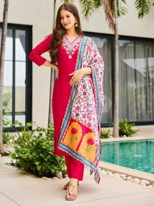 Elegant Rani Pink Embroidered Kurti with Floral Dupatta