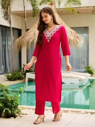 Elegant Rani Pink Embroidered Kurti with Floral Dupatta