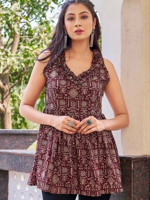 Elegant Rayon foil Maroon Tunic Top