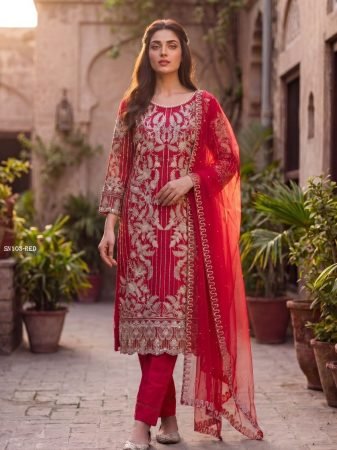 Elegant Red Embroidered Net Suit with Dupatta for Women