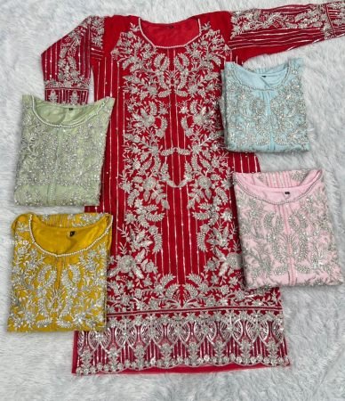 Elegant Red Embroidered Net Suit with Dupatta for Women