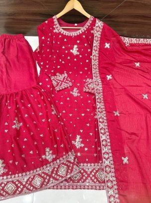 Elegant Red Embroidered Party Wear Sharara Outfit