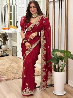 Elegant Red Georgette Multi Thread Embroidery Sequence Saree