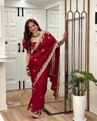 Elegant Red Georgette Multi Thread Embroidery Sequence Saree