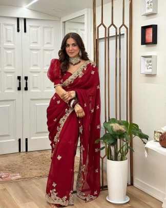 Elegant Red Georgette Multi Thread Embroidery Sequence Saree