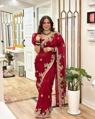 Elegant Red Georgette Multi Thread Embroidery Sequence Saree
