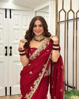 Elegant Red Georgette Multi Thread Embroidery Sequence Saree