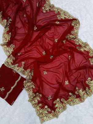 Elegant Red Georgette Multi Thread Embroidery Sequence Saree