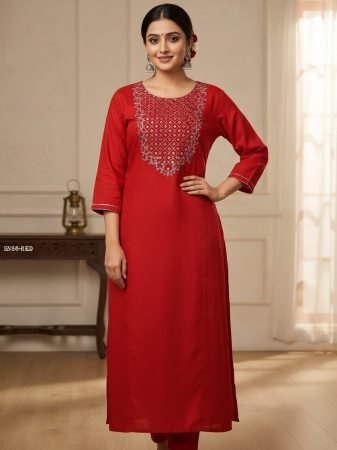 Elegant Red Straight Kurta with Silver Zari Yoke Embroidery