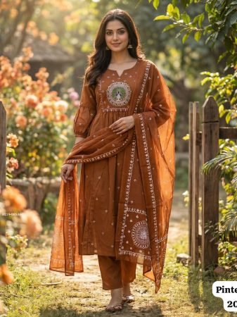 Elegant Rust Orange Cotton Kurti Pant Set With Printed Dupatta