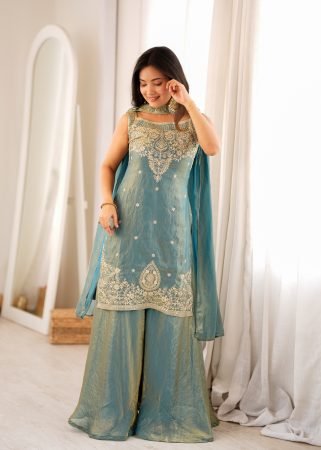 Elegant Sage Green Party Wear Sharara Suit Set With Embroidery Detail