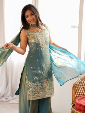 Elegant Sage Green Party Wear Sharara Suit Set With Embroidery Detail