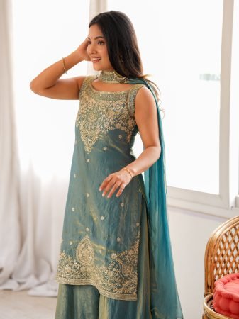 Elegant Sage Green Party Wear Sharara Suit Set With Embroidery Detail