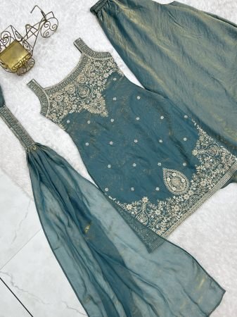 Elegant Sage Green Party Wear Sharara Suit Set With Embroidery Detail