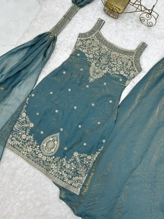 Elegant Sage Green Party Wear Sharara Suit Set With Embroidery Detail