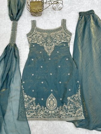 Elegant Sage Green Party Wear Sharara Suit Set With Embroidery Detail