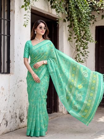 Elegant Sea Green Floral linen Saree