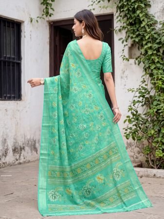 Elegant Sea Green Floral linen Saree