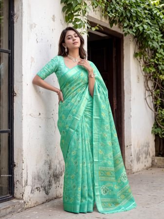 Elegant Sea Green Floral linen Saree