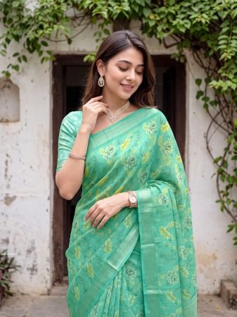 Elegant Sea Green Floral linen Saree