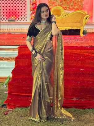 Elegant Shiny Gold Saree With Stitched Velvet  Blouse