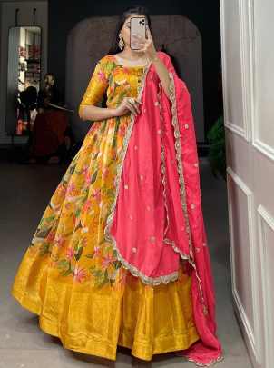 Elegant soft Chanderi flawless Yellow gown with beautiful pearl dupatta