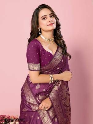 Elegant Soft Dola Silk Wine Color Saree with Bird Motif