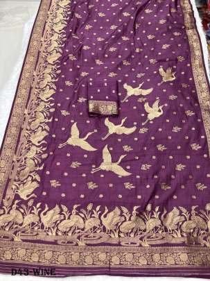 Elegant Soft Dola Silk Wine Color Saree with Bird Motif